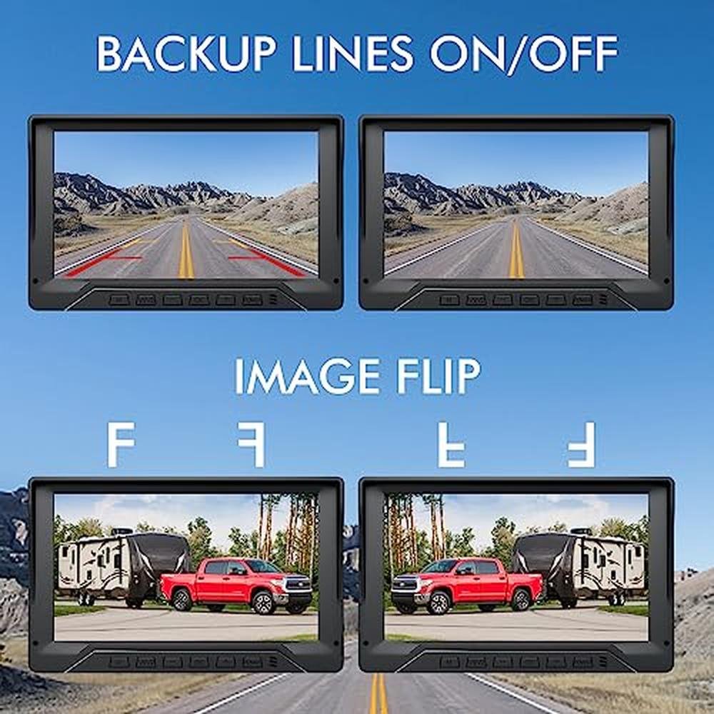 RV Backup Camera Plug and Play, 7'' Backup Camera for Truck Trailer, No Delay, 1080P HD, 2 Channels, 150 Wide Angle, DIY Guide Lines, Night Vision, IP69 Rear View Camera