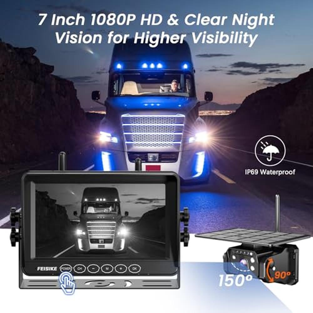 Magnetic Solar Wireless Backup Camera for RV Truck Trailer 7" 1080P Monitor with Recording, 1-Min Install, No Delay, Wide View, IR Night Vision, 4 Channels, Auto-Sleep Rechargeable Rearview Camera