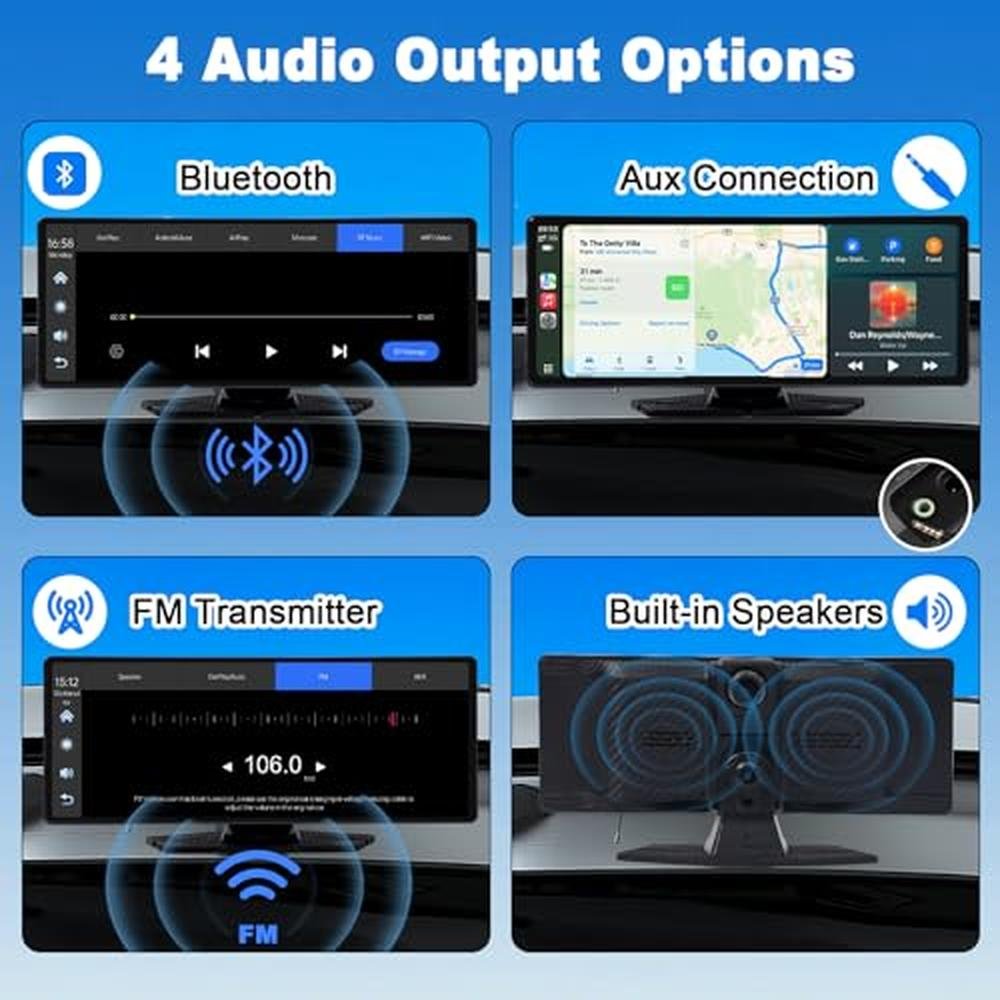 TK-YBX1ZSQ Carplay Screen for Car,10.26 inch Portable Car Play & Android Auto Touch Screen,4K Front & 1080P Rear Backup Camera Car Stereo,Loop Recording,Voice Control,Mirror Link,AUX for All Vehicles
