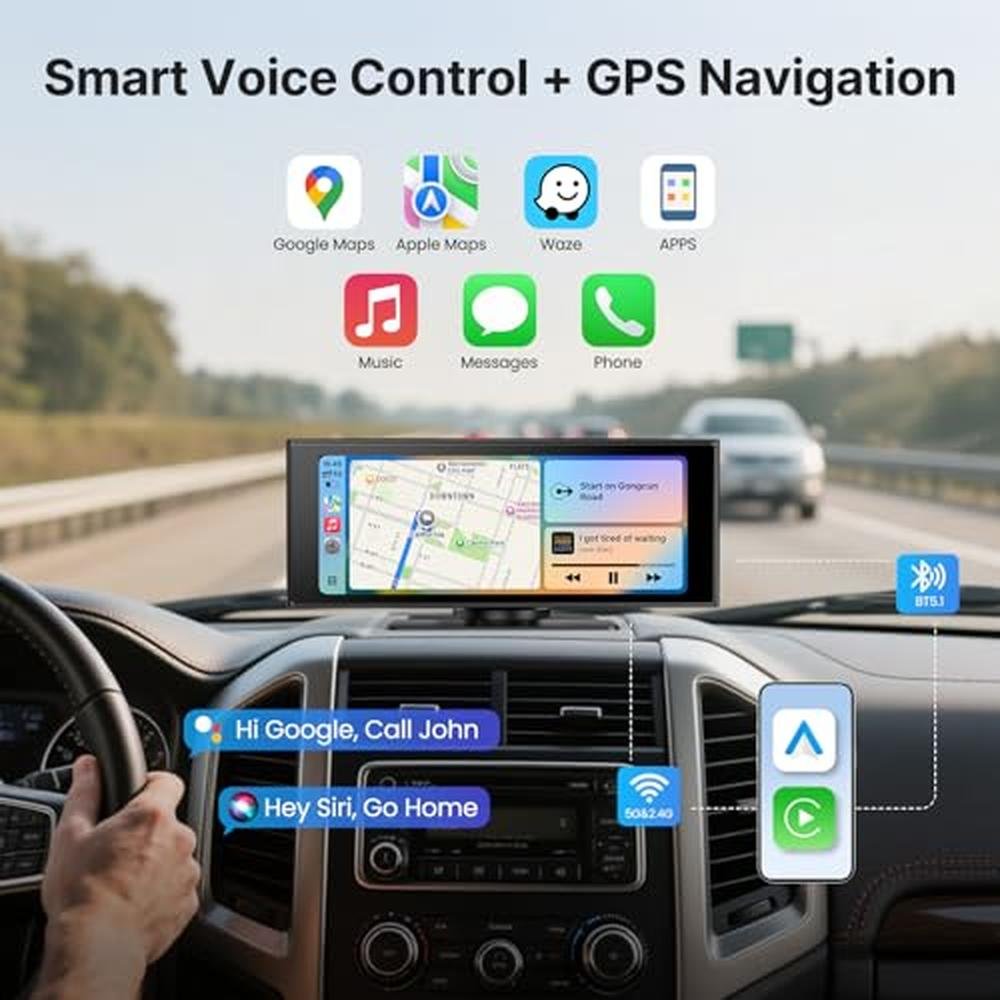 Écran WonVon sans fil pour voiture, moniteur 10,26 pouces compatible Apple CarPlay et Android Auto, caméra embarquée 4K 64 Go, caméra de recul 1080p, tablette tactile multimédia portable, Bluetooth/FM/GPS/AUX