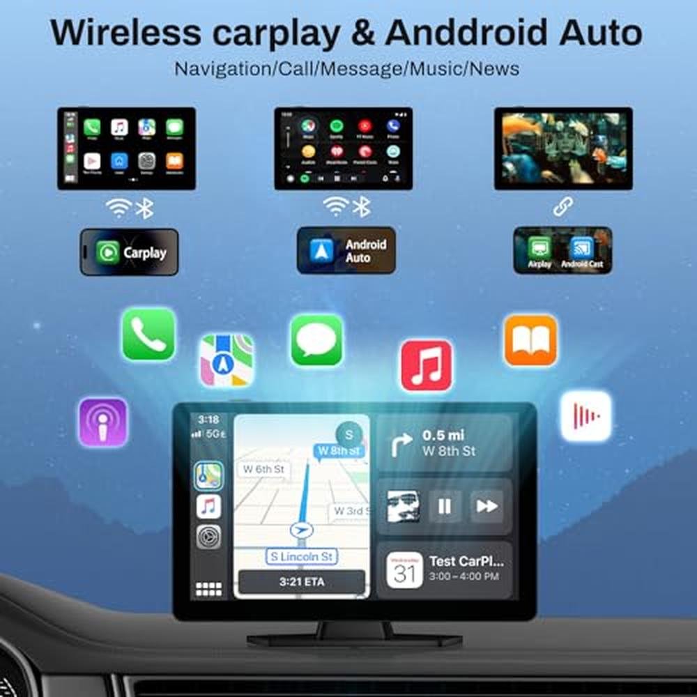 Wireless Carplay Screen for Car with 4K Dash Cam, 9" Portable Carplay & Android Auto, HD Touchscreen with 1080p Backup Camera, GPS Navigation/Voice Control/Bluetooth/Mirror Link/FM