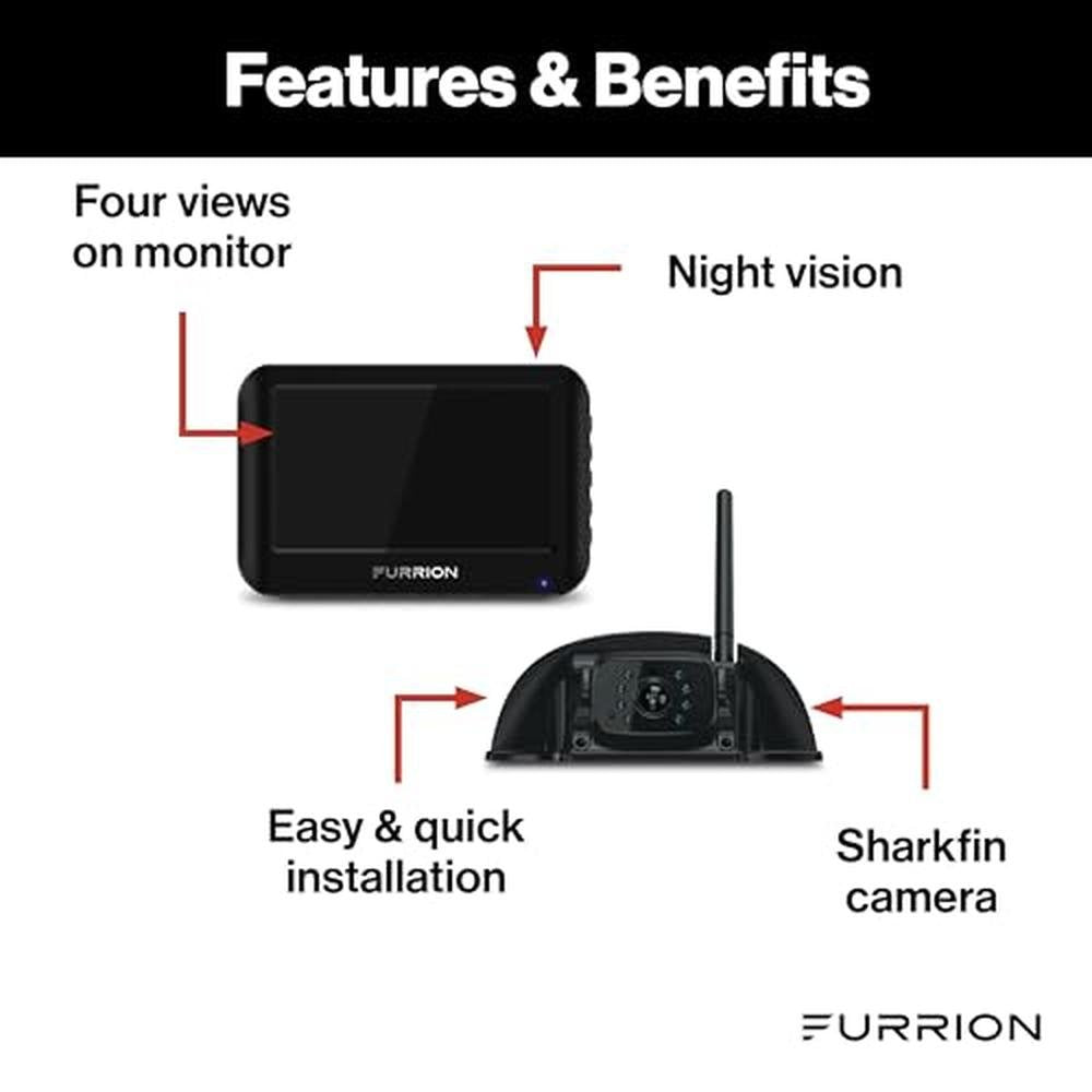 Furrion Vision S Wireless RV Backup Camera System with 4.3-Inch Monitor, 1 Rear Sharkfin, Infrared Night Vision, Wide-Angle View, Hi-Res, IP65 Waterproof, Motion Detection, Microphone - FOS43TASF