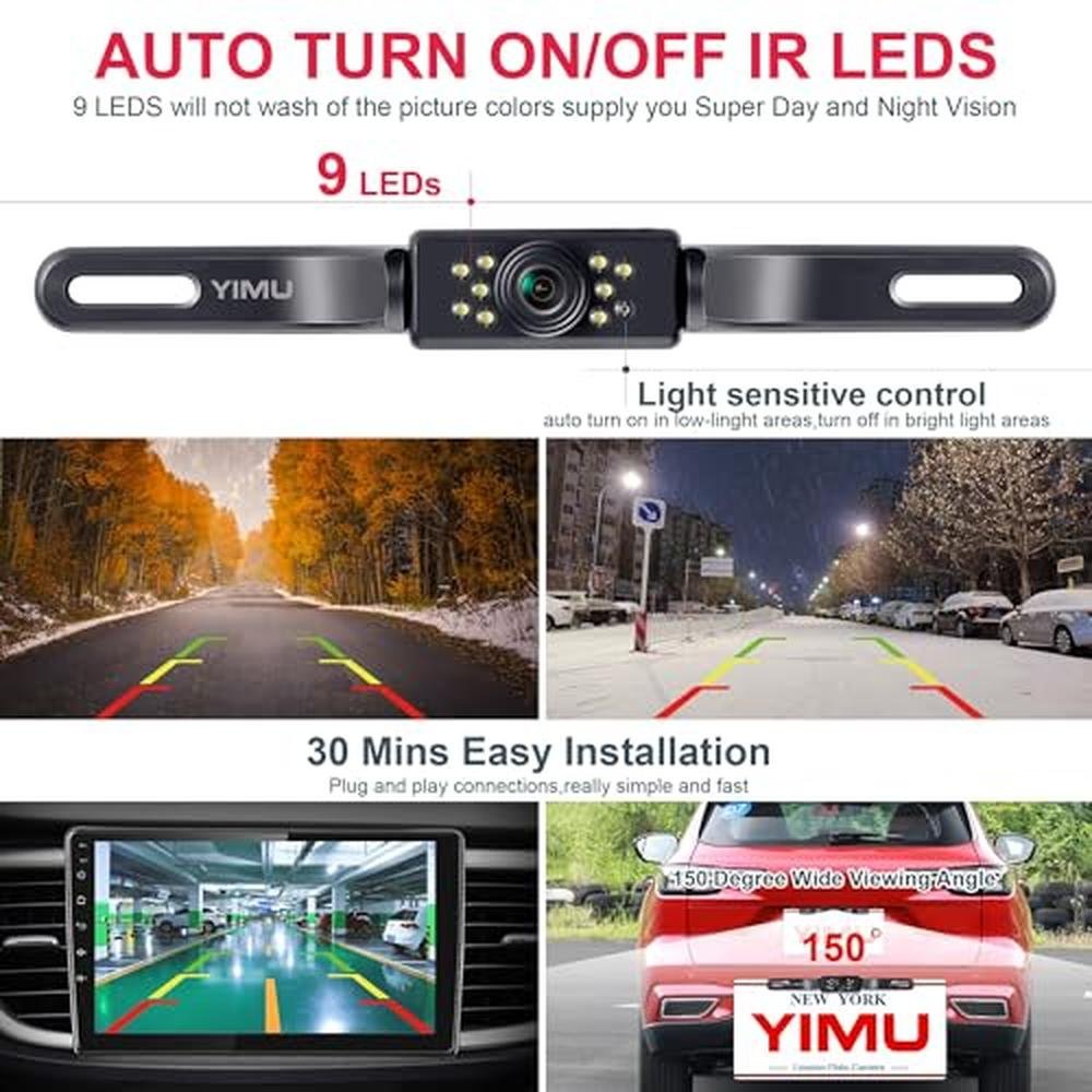 YIMU Car Backup Camera, License Plate Camera with 7 LED Lights Rear Camera, HD Night Vision Rear View Camera,Wide View Angle, IP69K Waterproof Reverse Vehicle Camera for Cars,SUV,Trucks,RV, Pickup
