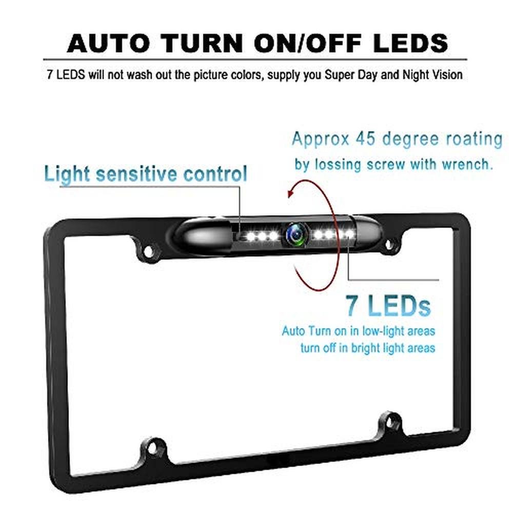 GLK License Plate Backup Camera HD Front Rear View Reverse Camera with 7 LED Night Vision 170 Degree Viewing Angle, Waterproof, for Cars