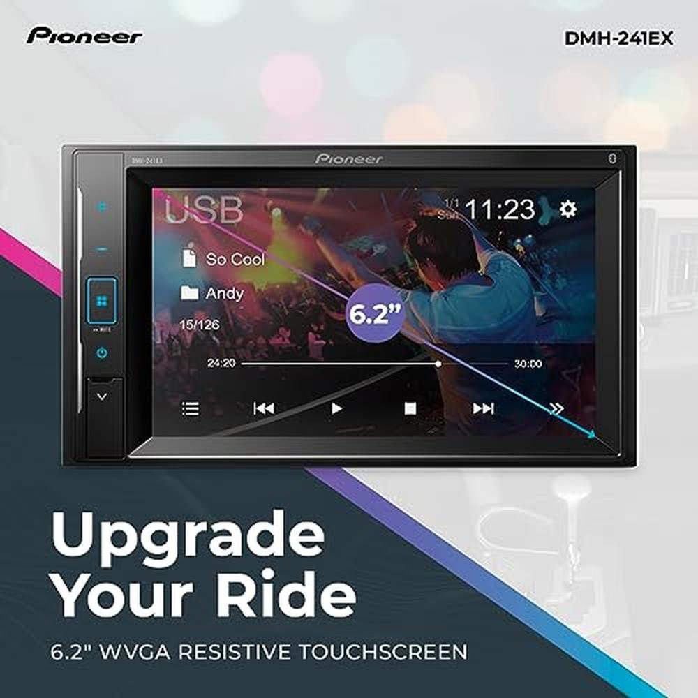 Pioneer DMH-241EX 6.2" Resistive Touchscreen, Double Din Bluetooth, Backup Camera, AM/FM Radio, USB, FLAC Playback, Short Chassis, 13-Band EQ, 50W x 4 Output