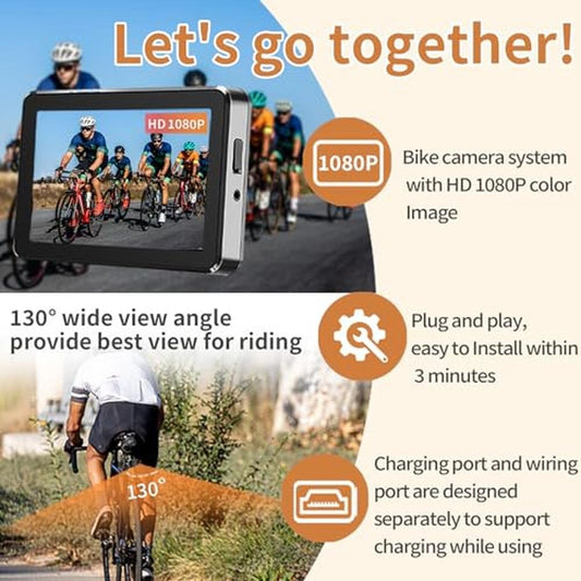 Bike Camera Rechargeable Battery 360 Rotation - Color Night Vision 3 Mins Easy Installation Wide View Handlebar 4.3'' HD 1080P Monitor Bicycle Rear View Camera for Mountain Ebike Wankskey