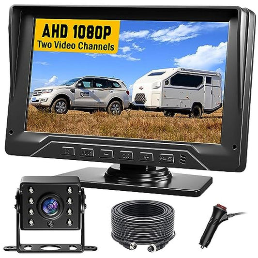 RV Backup Camera Plug and Play, 7'' Backup Camera for Truck Trailer, No Delay, 1080P HD, 2 Channels, 150 Wide Angle, DIY Guide Lines, Night Vision, IP69 Rear View Camera