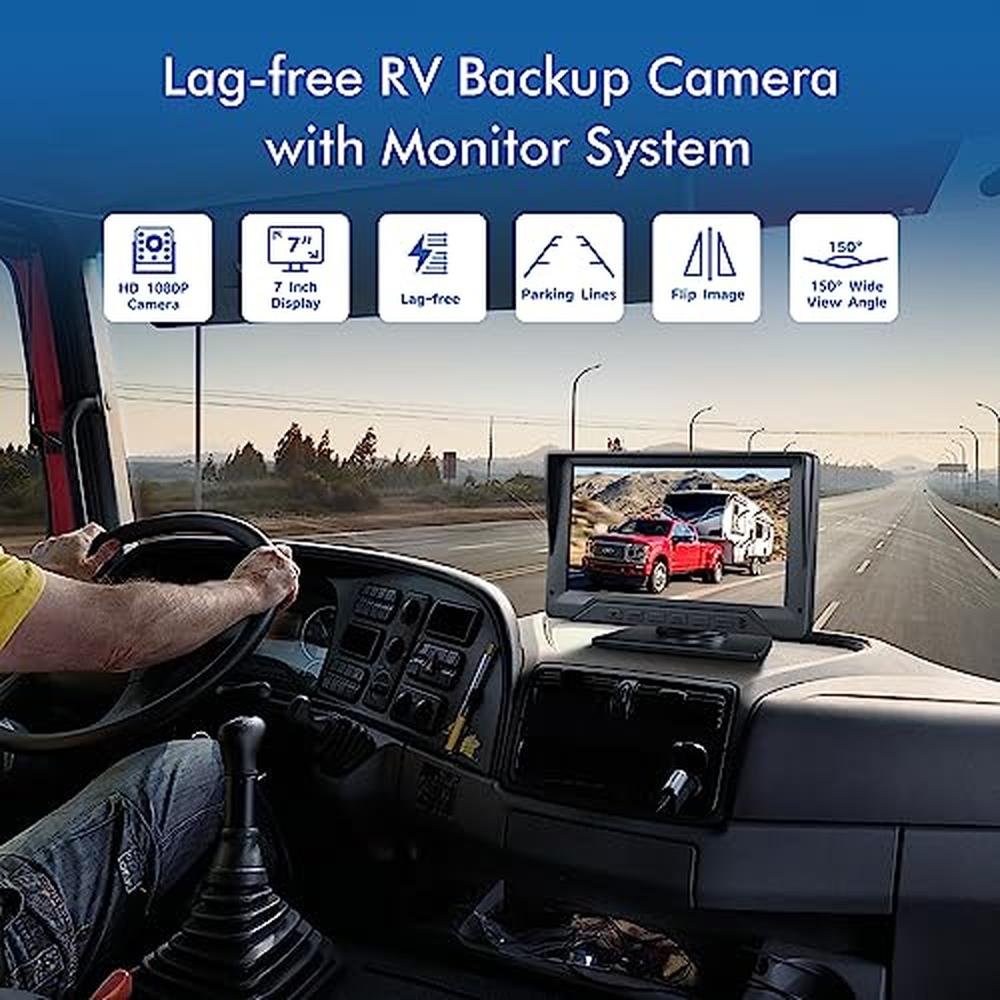 RV Backup Camera Plug and Play, 7'' Backup Camera for Truck Trailer, No Delay, 1080P HD, 2 Channels, 150 Wide Angle, DIY Guide Lines, Night Vision, IP69 Rear View Camera