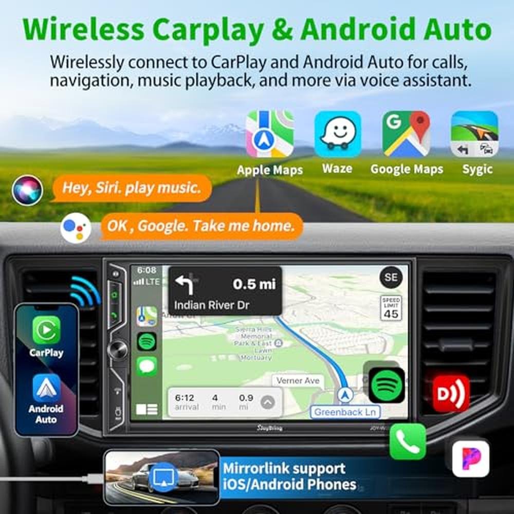 [Écran QLED amélioré] Autoradio double DIN 7 pouces avec caméra embarquée, Apple CarPlay et Android Auto sans fil, Bluetooth 5.3, sortie audio 4.2 canaux 240 W, MirrorLink, caméra de recul et radio AM/FM.