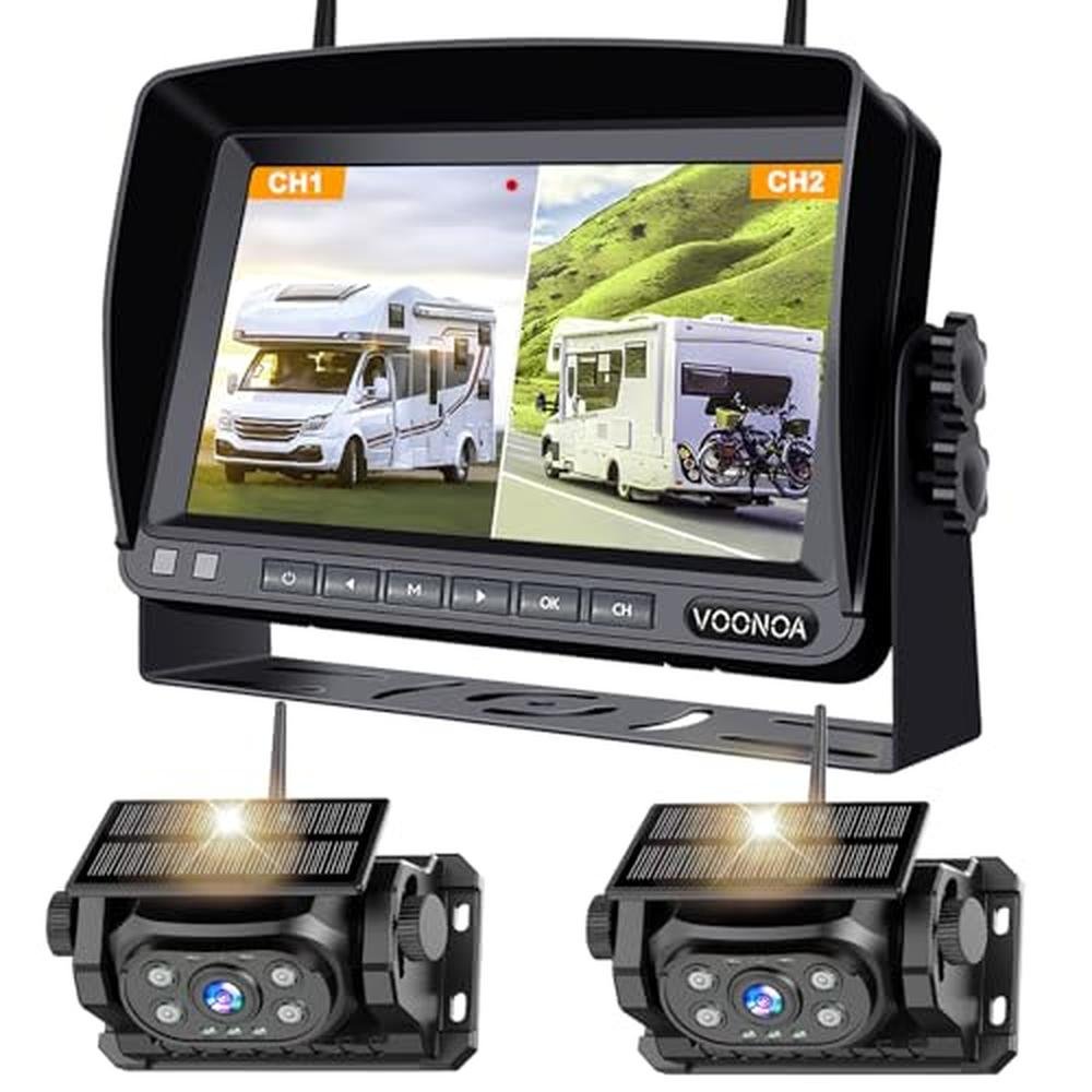VOONOA 2 Magnetic Wireless Backup Camera with 7'' HD 1080P DVR Monitor System, 9600mAh Rechargeable Waterproof Dual Solar Reverse Camera for Hitch Towing Car Trailer Truck RV VN007