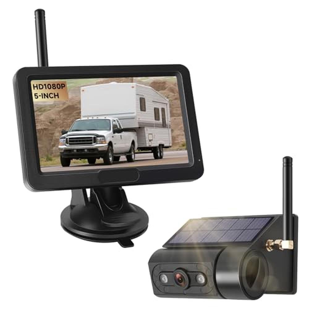 Magnetic Solar Wireless Backup Camera with 5 HD Monitor No Wiring Rechargeable Battery IP68 IR Night Vision Rearview Camera System for Car RV Truck 5th Wheels Skid Steer Horse Trailer Hitch Camera