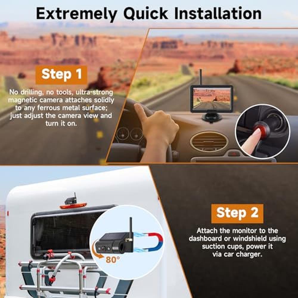 Magnetic Solar Wireless Backup Camera with 5 HD Monitor No Wiring Rechargeable Battery IP68 IR Night Vision Rearview Camera System for Car RV Truck 5th Wheels Skid Steer Horse Trailer Hitch Camera