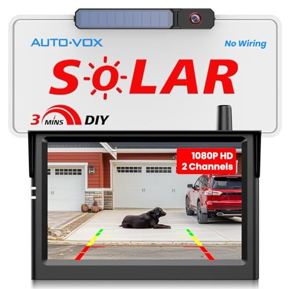 AUTO-VOX Solar Wireless Backup Camera:5" HD 1080P Monitor,3 Mins DIY Installation & 5000 mAh Battery Powered Solar Back Up Camera Systems, IP69K Waterproof Reverse Camera for Car, Van, Truck, Trailer