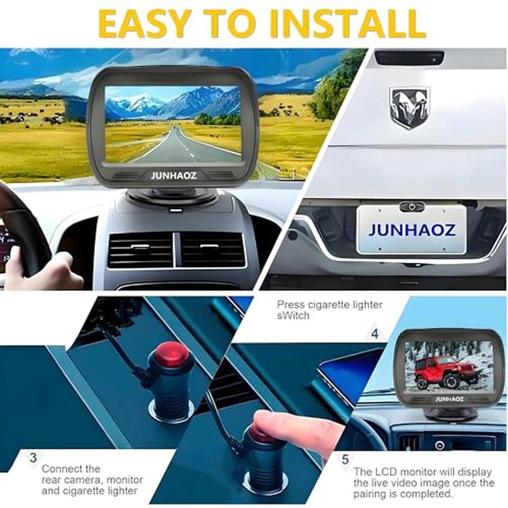 JUNHAOZ Car Rear View Camera, Backup Camera for Car, Trucks, SUVs, Pickup, 4.3-inch IPS Monitor, Night Vision, DIY Guide Lines, Front/Rear Camera Switch,IP69 Waterproof K4301
