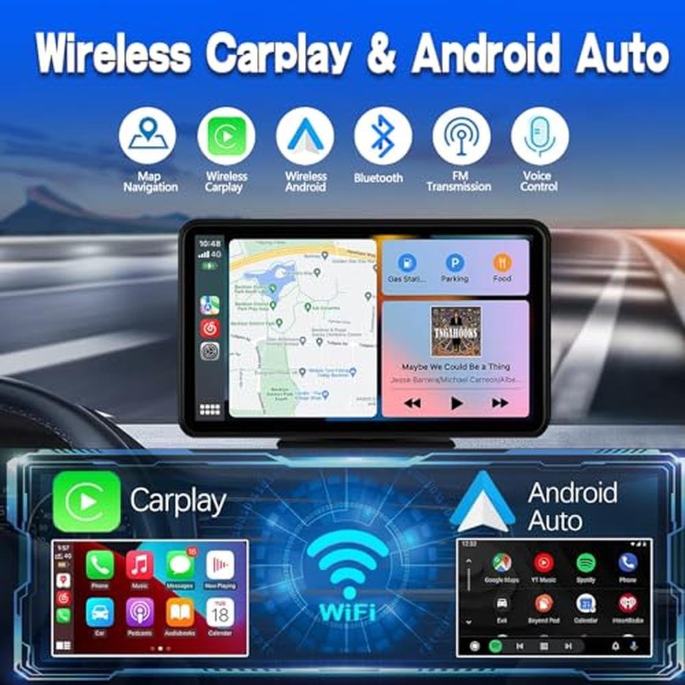 Écran tactile sans fil CarPlay pour voiture 7 pouces HD portable avec Apple CarPlay et Android Auto, Mirror Link, caméra de recul, Bluetooth, navigation GPS et entrée auxiliaire pour tous les véhicules.