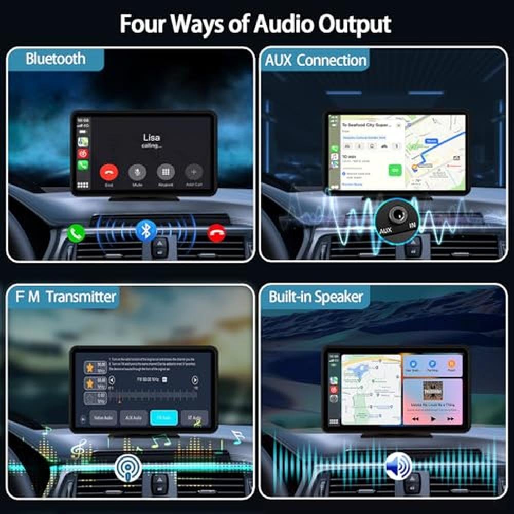 Écran tactile sans fil CarPlay pour voiture 7 pouces HD portable avec Apple CarPlay et Android Auto, Mirror Link, caméra de recul, Bluetooth, navigation GPS et entrée auxiliaire pour tous les véhicules.