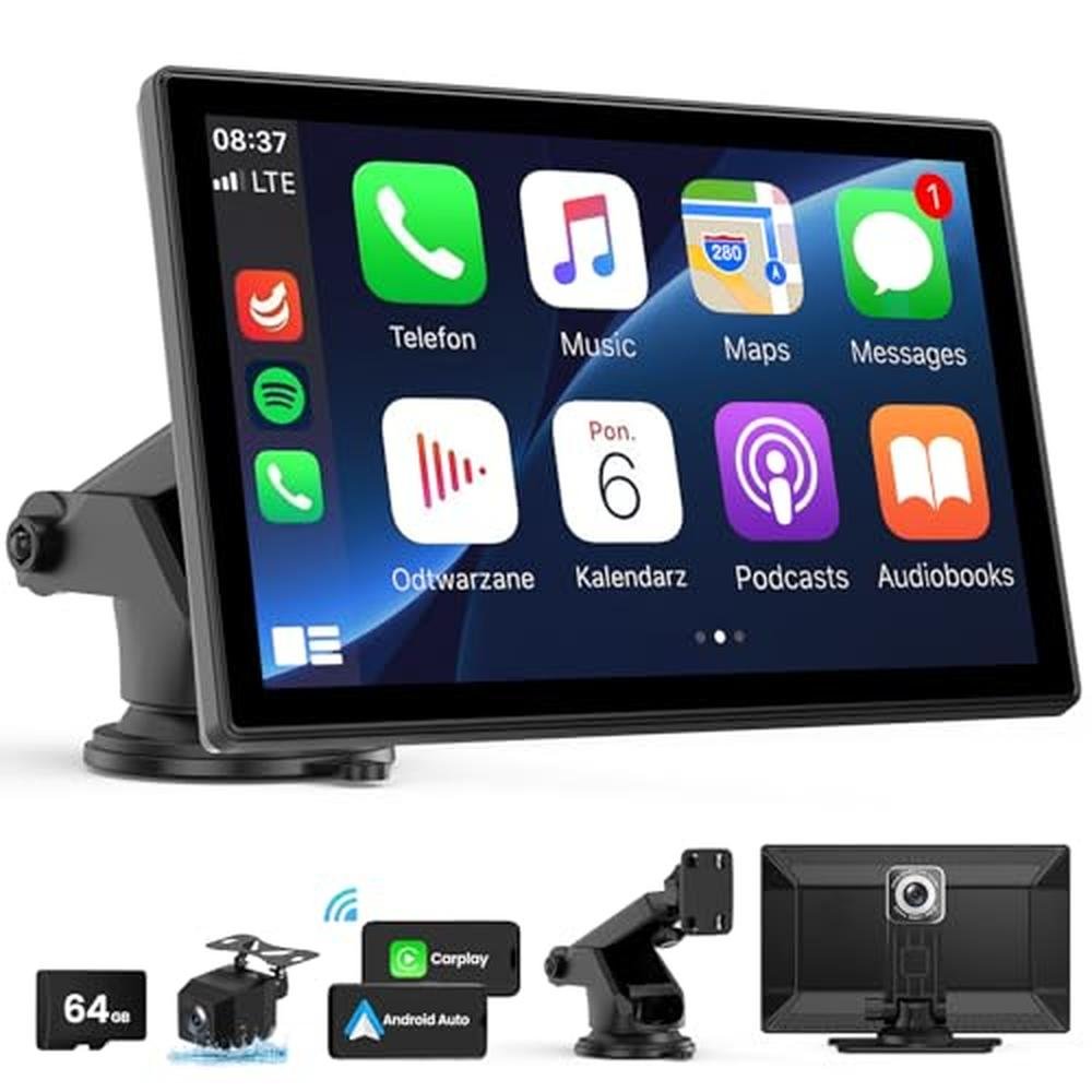 Wireless CarPlay Screen - 9'' Portable Car Stereo with 4K Dash Cam, 1080P Backup Camera, Satellite Radio, Apple CarPlay & Android Auto, GPS Navigation/AirPlay/Voice Control