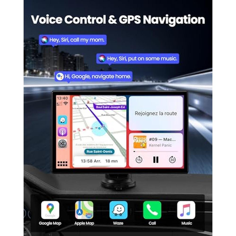 Wireless CarPlay Screen - 9'' Portable Car Stereo with 4K Dash Cam, 1080P Backup Camera, Satellite Radio, Apple CarPlay & Android Auto, GPS Navigation/AirPlay/Voice Control