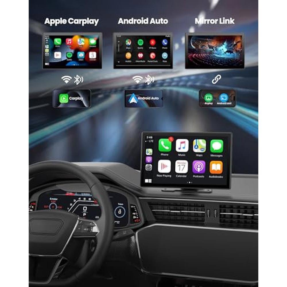 Wireless CarPlay Screen - 9'' Portable Car Stereo with 4K Dash Cam, 1080P Backup Camera, Satellite Radio, Apple CarPlay & Android Auto, GPS Navigation/AirPlay/Voice Control