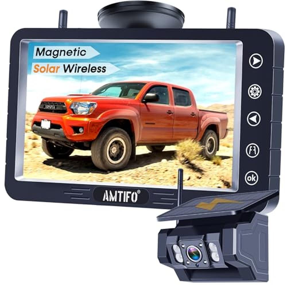 Magnetic Solar Wireless Backup Camera - No-Drill Installation, Scratch-Proof, No Delay 5-Inch HD1080P Screen, Long Battery Life, Night Vision, Anti-Interference 2.4GHz Signal for Trucks