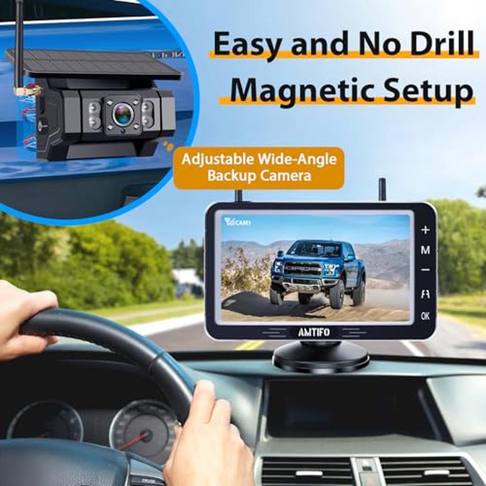 Magnetic Solar Wireless Backup Camera - No-Drill Installation, Scratch-Proof, No Delay 5-Inch HD1080P Screen, Long Battery Life, Night Vision, Anti-Interference 2.4GHz Signal for Trucks