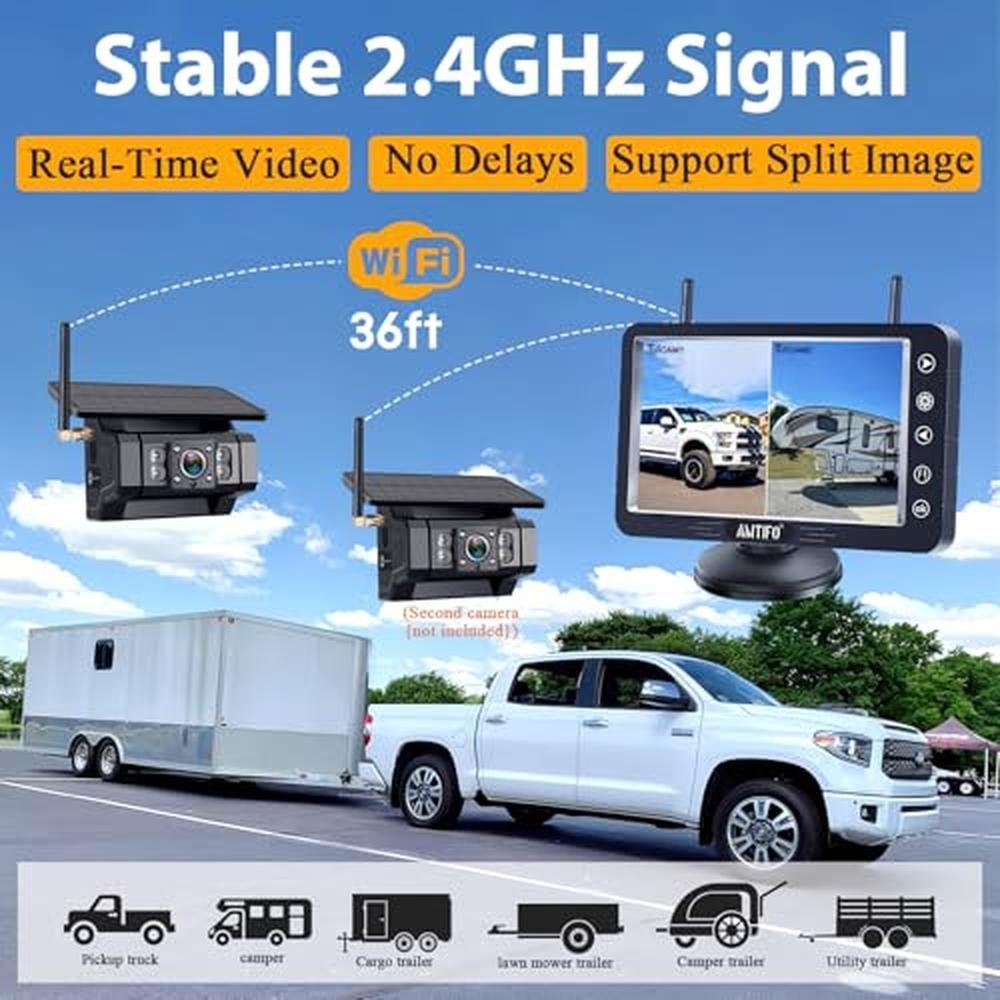 Magnetic Solar Wireless Backup Camera - No-Drill Installation, Scratch-Proof, No Delay 5-Inch HD1080P Screen, Long Battery Life, Night Vision, Anti-Interference 2.4GHz Signal for Trucks