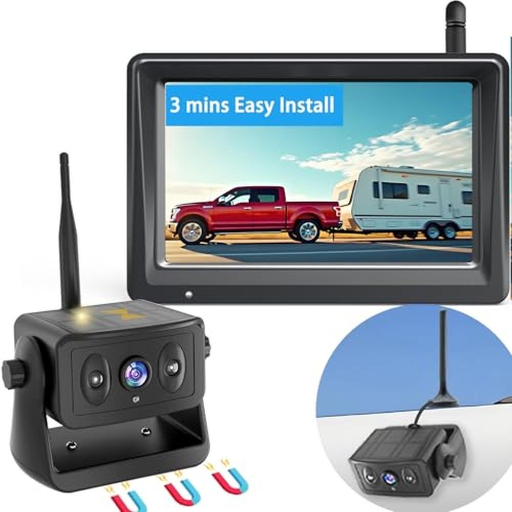 YEOIZO Wireless Backup Camera for Trucks & RVs, Solar - Powered - Magnetic, Portable, No - Drill, No - Wire Easy Install, Night Vision, Rechargeable with 5" HD Monitor systems for Car, Camper, Trailer