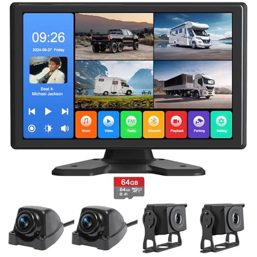 4 Channel Backup Camera System,Touchable 10.26 inch Monitor with DVR Stereo, 64GB Card, IP69 Waterproof, Nightvision 1080P Backup Camera for RV/Truck/Trailer Pickup,Rear Side Front Wired System