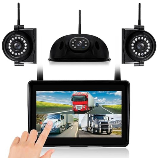 WOOCARTY 3-Camera Wireless RV Backup System, 7" 1080P Touch Screen with 1 Rear Camera for Furrion Pre-Wired Plug and 2 Side Cameras, IP69 Waterproof, IR Night Vision Camera for RV Trailer, WF703