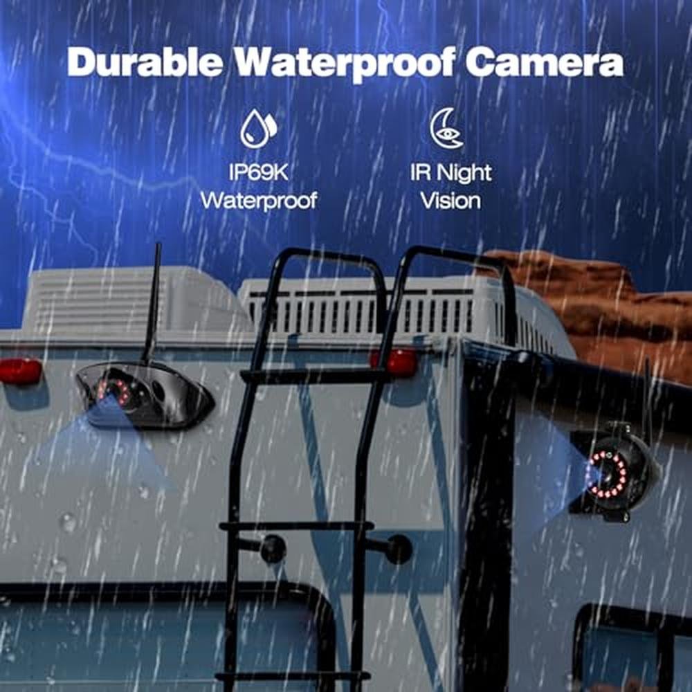 WOOCARTY 3-Camera Wireless RV Backup System, 7" 1080P Touch Screen with 1 Rear Camera for Furrion Pre-Wired Plug and 2 Side Cameras, IP69 Waterproof, IR Night Vision Camera for RV Trailer, WF703