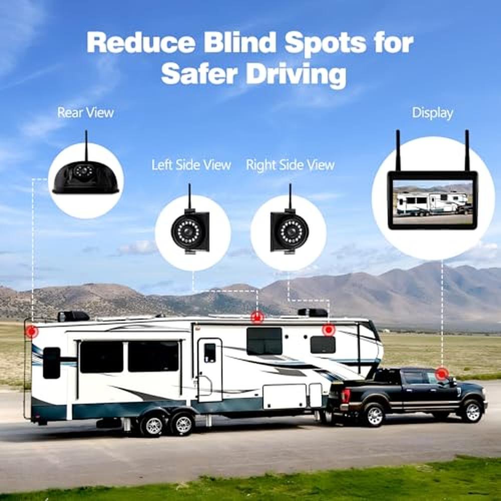 WOOCARTY 3-Camera Wireless RV Backup System, 7" 1080P Touch Screen with 1 Rear Camera for Furrion Pre-Wired Plug and 2 Side Cameras, IP69 Waterproof, IR Night Vision Camera for RV Trailer, WF703