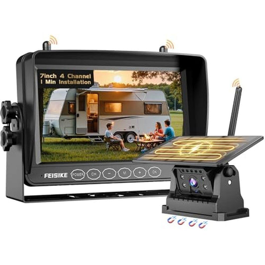 Magnetic Solar Wireless Backup Camera for RV Truck Trailer 7" 1080P Monitor with Recording, 1-Min Install, No Delay, Wide View, IR Night Vision, 4 Channels, Auto-Sleep Rechargeable Rearview Camera