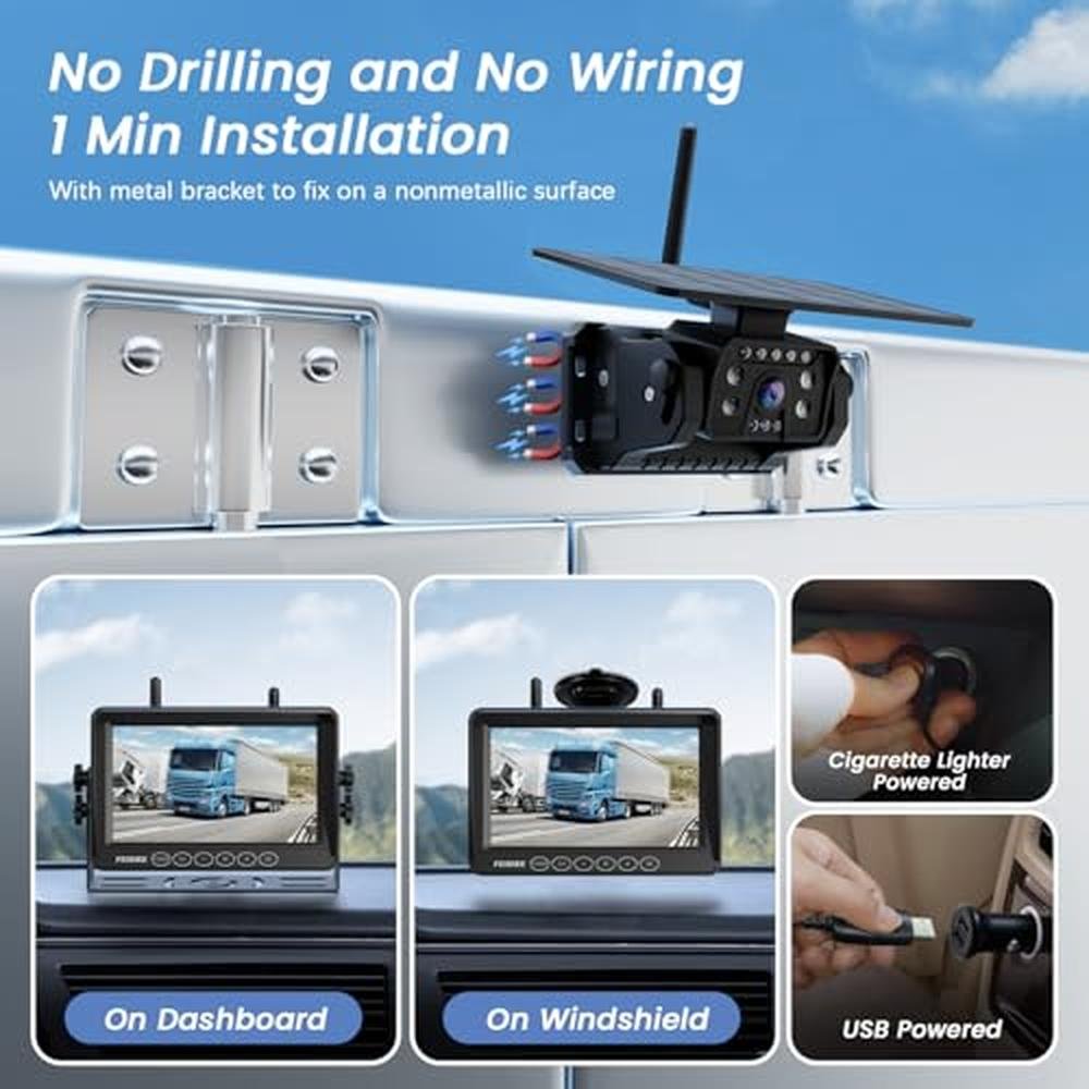 Magnetic Solar Wireless Backup Camera for RV Truck Trailer 7" 1080P Monitor with Recording, 1-Min Install, No Delay, Wide View, IR Night Vision, 4 Channels, Auto-Sleep Rechargeable Rearview Camera