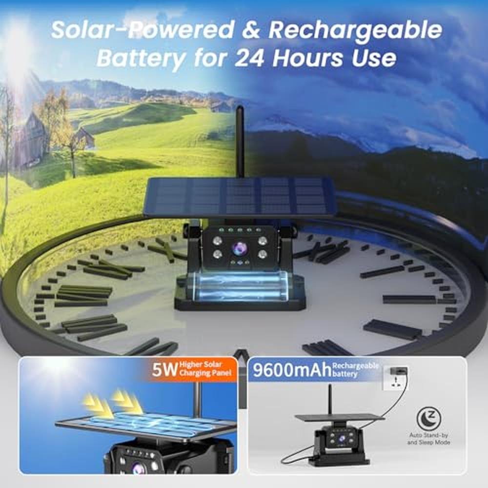 Magnetic Solar Wireless Backup Camera for RV Truck Trailer 7" 1080P Monitor with Recording, 1-Min Install, No Delay, Wide View, IR Night Vision, 4 Channels, Auto-Sleep Rechargeable Rearview Camera