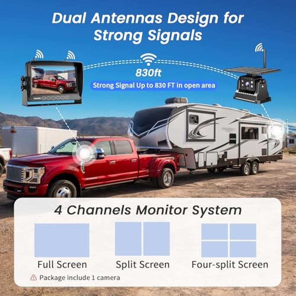 Magnetic Solar Wireless Backup Camera for RV Truck Trailer 7" 1080P Monitor with Recording, 1-Min Install, No Delay, Wide View, IR Night Vision, 4 Channels, Auto-Sleep Rechargeable Rearview Camera