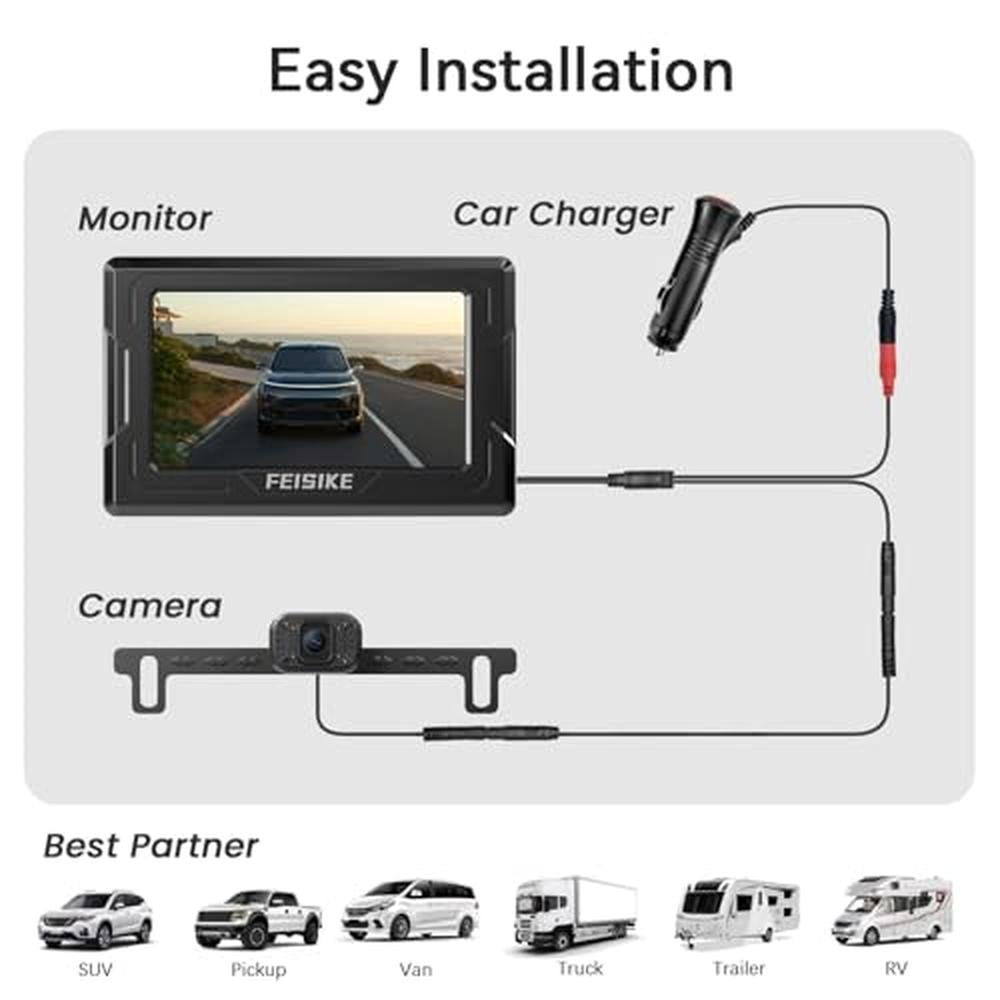 FEISIKE Backup Camera, 1080P IR Night Vision with Monitor, Easy Setup Plug-Play Rear View Camera, 150 Degrees Wide Angle, IP68 Waterproof, 4.3" Display for Car Truck SUV