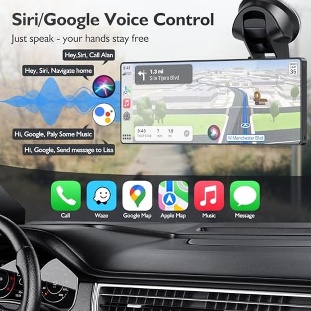 10.26" Portable Carplay Screen for Car, 4K HD Car Stereo Touch Screen with Apple CarPlay and Android Auto, 4K Dash Cam, 1080P Backup Camera, Mirror Link, Voice Control, Bluetooth, GPS, AUX/FM