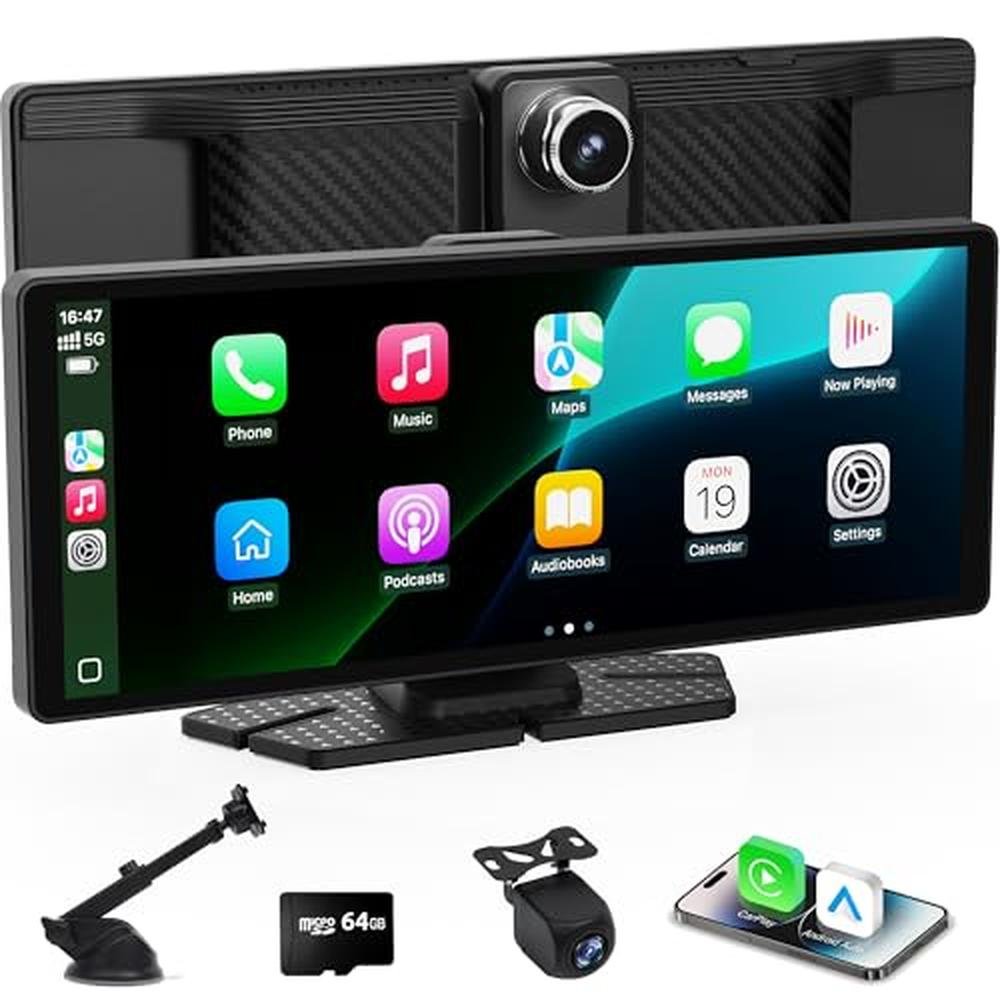 Écran CarPlay TK-YBX1ZSQ pour voiture, écran tactile portable de 10,26 pouces compatible CarPlay et Android Auto, caméra avant 4K et caméra de recul arrière 1080p, enregistrement en boucle, commande vocale, Mirror Link, entrée AUX pour tous les véhicules