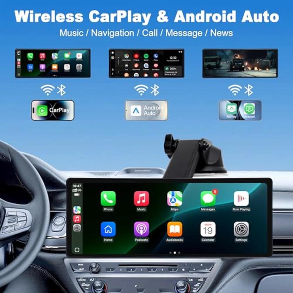 Écran CarPlay TK-YBX1ZSQ pour voiture, écran tactile portable de 10,26 pouces compatible CarPlay et Android Auto, caméra avant 4K et caméra de recul arrière 1080p, enregistrement en boucle, commande vocale, Mirror Link, entrée AUX pour tous les véhicules