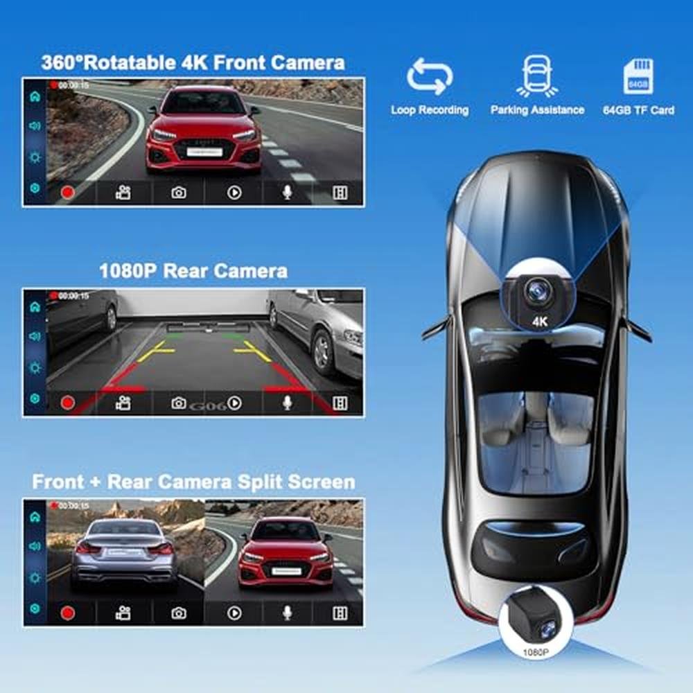 Écran CarPlay TK-YBX1ZSQ pour voiture, écran tactile portable de 10,26 pouces compatible CarPlay et Android Auto, caméra avant 4K et caméra de recul arrière 1080p, enregistrement en boucle, commande vocale, Mirror Link, entrée AUX pour tous les véhicules