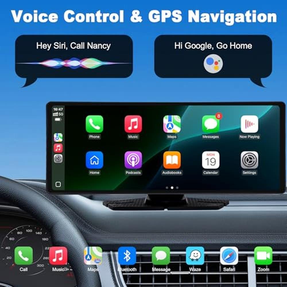 Écran CarPlay TK-YBX1ZSQ pour voiture, écran tactile portable de 10,26 pouces compatible CarPlay et Android Auto, caméra avant 4K et caméra de recul arrière 1080p, enregistrement en boucle, commande vocale, Mirror Link, entrée AUX pour tous les véhicules