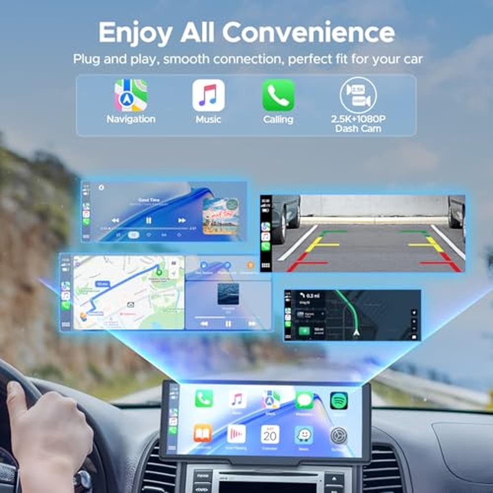 Topexplore 9.26'' Carplay Screen for Car with 2.5K Dash Cam and 1080P Backup Camera Portable Wireless Android Auto Screen GPS Navigation Mirror Link Voice Control Hands-Free for iOS 11+ Android 11+