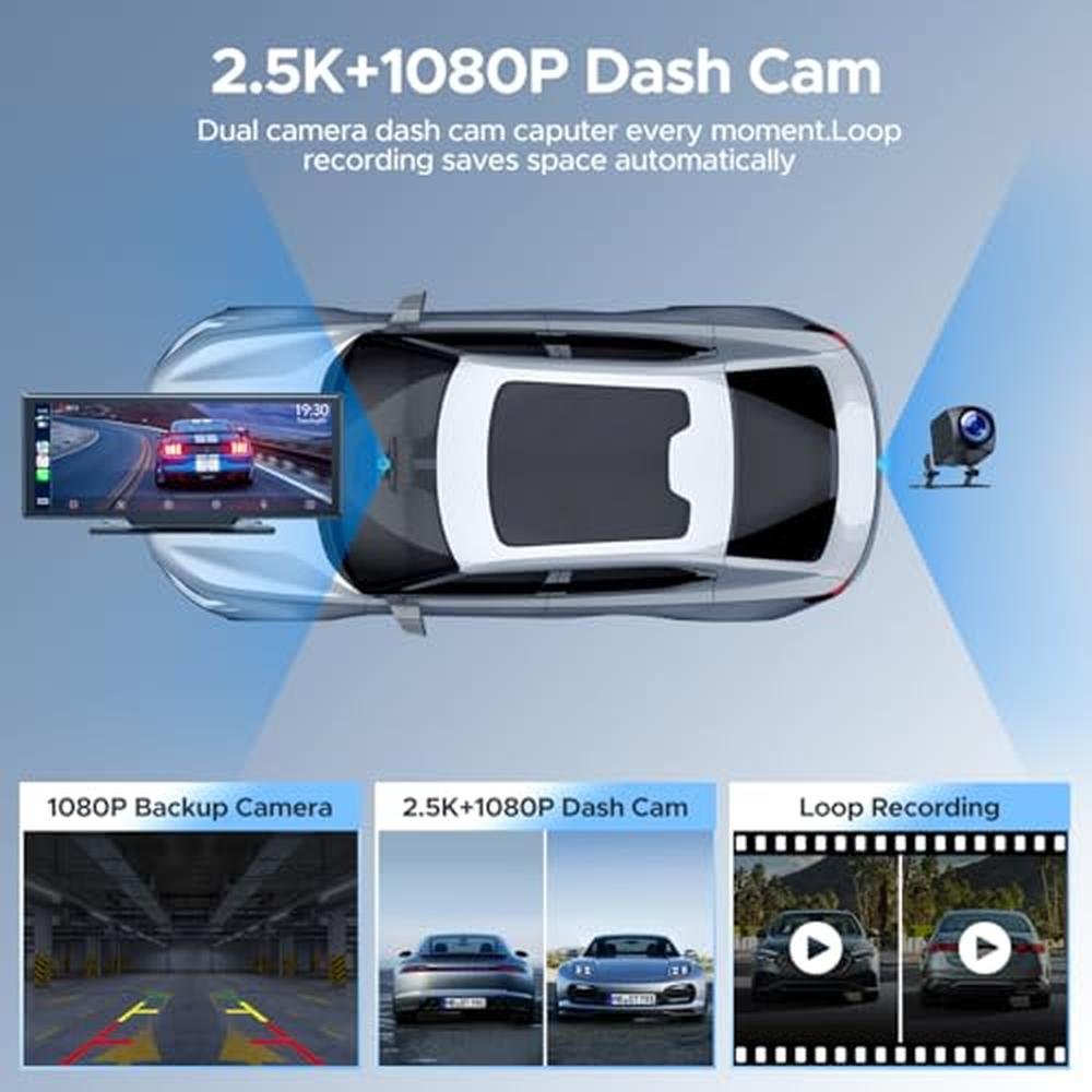 Topexplore 9.26'' Carplay Screen for Car with 2.5K Dash Cam and 1080P Backup Camera Portable Wireless Android Auto Screen GPS Navigation Mirror Link Voice Control Hands-Free for iOS 11+ Android 11+