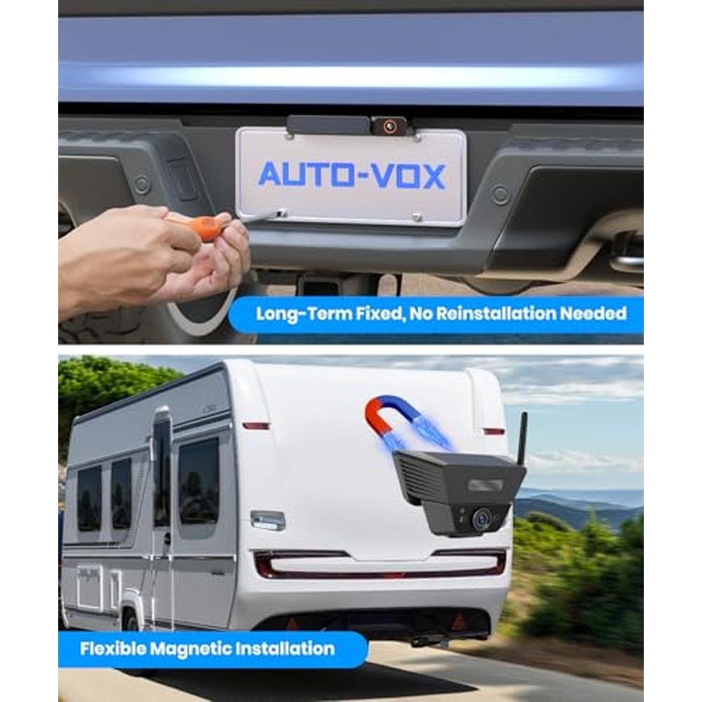 AUTO-VOX 2 Solar Wireless Backup Camera System: 7.2 1080P HD Monitor, 3-Min Quick Installation for Wider Rear & Trailer View, IP69K Waterproof Back Up Camera for Truck, RV, Camper, Horse/Boat Trailer