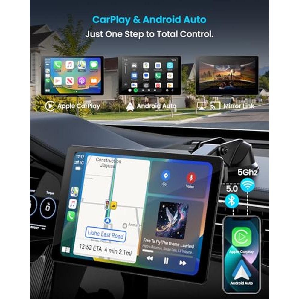11" Extra Large Wireless Apple CarPlay Screen for Car Ultra-Slim 0.16 Inch Touchscreen Car Stereo with Android Auto, 4K Dash Cam, 1080p Backup Camera, GPS, Mirror Link, Voice Control