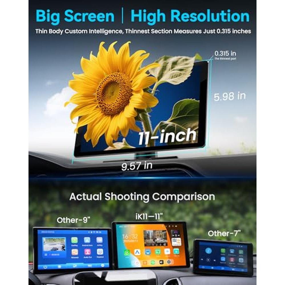 11" Extra Large Wireless Apple CarPlay Screen for Car Ultra-Slim 0.16 Inch Touchscreen Car Stereo with Android Auto, 4K Dash Cam, 1080p Backup Camera, GPS, Mirror Link, Voice Control