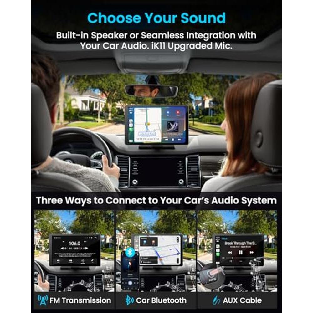 11" Extra Large Wireless Apple CarPlay Screen for Car Ultra-Slim 0.16 Inch Touchscreen Car Stereo with Android Auto, 4K Dash Cam, 1080p Backup Camera, GPS, Mirror Link, Voice Control