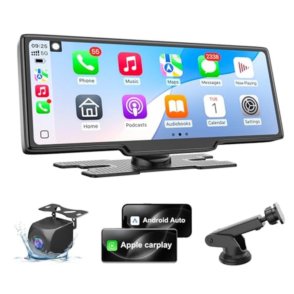 Écran HK5 CarPlay pour voiture, écran tactile HD sans fil de 10,26 pouces compatible Apple CarPlay et Android Auto avec caméra de recul, compatible iOS 26, navigation GPS/Mirror Link/Siri/FM (sans caméra avant)