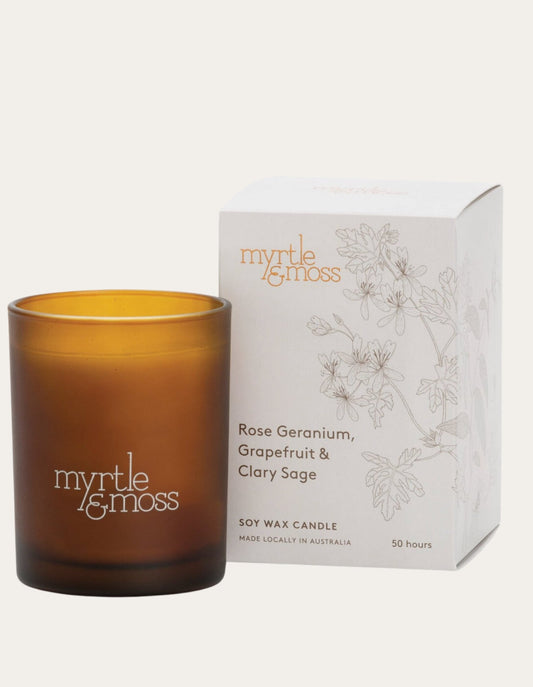 Bougie en cire de soja - Rose géranium - Myrte et mousse