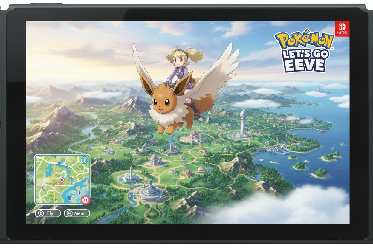 Pokemon Let's Go Eevee flying over Kanto